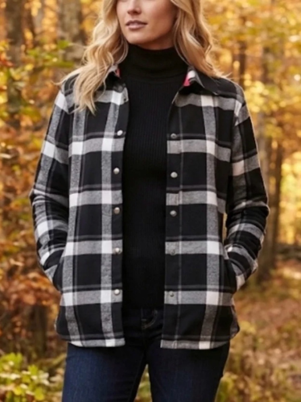 Orvis Women’s Black & Gray Plaid Snap-Front “Shacket” Fleece-Lined Shirt Sporty